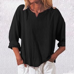 Long Sleeve  Blouse Ladies Loose Casual V-Neck Tops Plus Size US - Black (2XL)